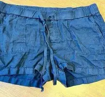 Women's Blue Linen Shorts Size L Elastic Waist Summer Casual