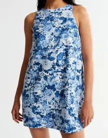 Abercrombie & Fitch High Neck Linen Blend Mini Dress Blue White Floral XXS