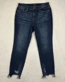 Size 9 29 Mid Rise Slim Fit Jean Shark Bite Hem Distressed Dark Wash