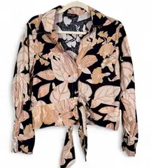 Rachel Zoe Black Tan Linen Button Down Shirt Womens L Tie Front Beachy Summer