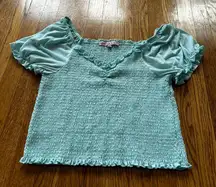 Blue Smocked Puff Sleeve Blouse