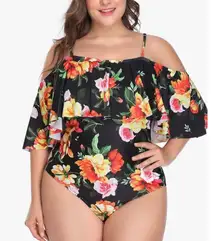 Wavely Large Black Floral Off-Shoulder Ruffle One Piece Swimsuit