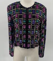Vintage 80s Adrianna Papell Beaded Silk Jacket Sequin Black Pink Teal Purple S P