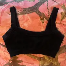 out from under black ribbed square neck sports bra bralette