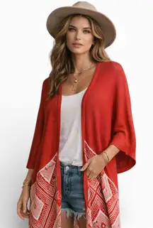 Umgee Red & Ivory Boho Open-Front Kimono with Crochet Back & Fringe (1148-1)