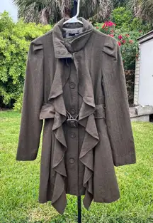 Ryu Green Ruffled Wool Blend Buckle Mid Length Trench Coat Size S