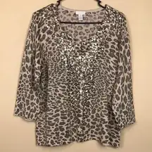 Chico’s Women’s Leopard Print Metallic Sequins Mother of Pearl Buttons Cardigan