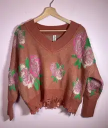 Anthropologie‎ Slouchy Floral V-Neck Distress Hem Crop Knit Sweater Size XS