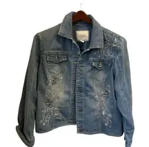 Chico's Light Wash Embroidered Floral Sequin Detail Button Up Denim Jacket