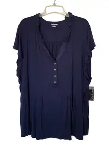 Kim Rogers Navy Blue 4X Ruffle Henley V Neck Silver Buttons Flutter Sleeves Top