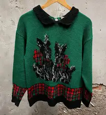 Vintage Hand Knit Schnauzer Dog Print Peter Pan Collar Holiday Sweater L