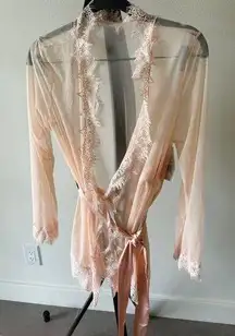 NEW Peach Lace Trim Mesh Robe & G-String Set Oh La La Cheri Size Small Medium