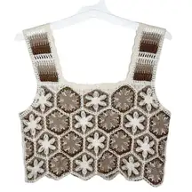 Rebellion Again Cotton Crochet Tank Cropped Top Cream Brown size M