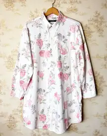 Lauren Ralph Lauren white pink floral preppy long sleeve button shirt dress XL