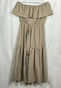 Episode BOHO  Dress Off Shoulder Belt Peplum Hem Tan w/Black & Rust Design M