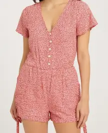 GAP Red Floral Print Button Front Romper Shorts Belted Pockets Size M