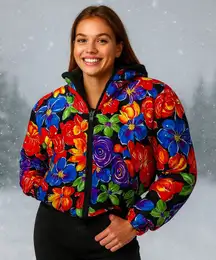 Obermeyer Bright Floral Ski Puffer Jacket Hooded Drawstring Waist Retro Size 10