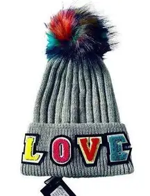 Jocelyn LOVE gray chunky knit hat with multicolor letters and faux fur pom pom