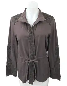 Anthropologie Love Sam Brown Beaded Travis Button Down Cargo Shirt Jacket Coat S