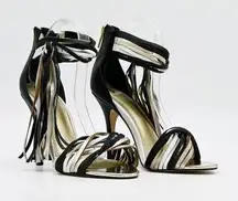 June Ambrose Fringe Heels 7.5 Women’s Gold White Black Zip up Turner Sandals