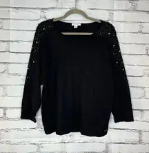 Calvin Klein Black Sparkly Embellished 3/4 Sleeve Blouse SZ L Evening Top Shiny