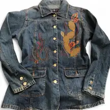 Y2K Navy blue Embroidered jean denim fitted jacket floral leaf design Cottagecore Fairy Boho #hippie #indie #western Great condition Size L - measurements in pics 100% cotton