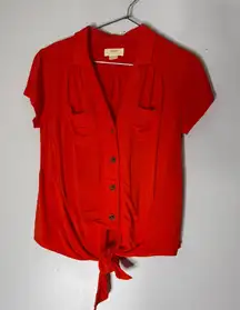 Maeve by Anthropologie Red Button Down Tie Front Shirt Sleeve‎ Collar Top 0