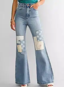 NWT Billabong x Wrangler High Rise Super Flare Patched Jeans Blue Surf Size 26