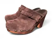 UGG Women’s Size 8 Suede Heeled Clogs Brown Braided Wooden Platform Mules Studde
