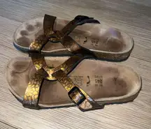 BIRKI'S BY BIRKENSTOCK  WOMEN'S Sz 38 7  COPPER BROWN CRISSCROSS SLIDES SANDALS