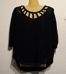 Maurices Black Sheer Cutout Neckline Blouse Size Medium M Flowy 3/4 Sleeve Top