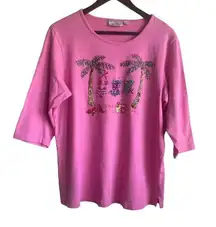 Quacker Factory  Women Top L Pink 3/4 Sleeve Beaded Palm Scene Tropical Resort