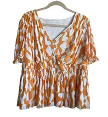 Ava & Viv Women Peplum Top 3X Orange White Geometric Flutter Sleeve Feminine