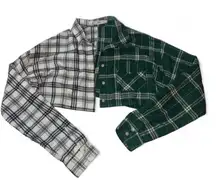 Adika Cropped Plaid Button Down Split Color Green and White