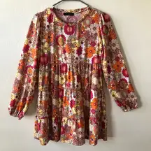 SAINTS 21 Womens Short Tiered Dress Size Small Retro Pattern Long Sleeves New