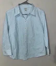 L.L.Bean Womens Blue Striped Seersucker Button Down Shirt Medium Casual‎