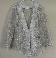 Vintage 3K Fashion Sheer Sequin Silver Metallic Blazer Jacket Formal Bridal Med