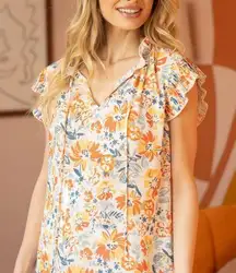 Voy Floral Ruffle Sleeve Top  Orange and Blue