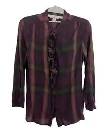 BURBERRY BRIT - Purple Plum Plaid Button Down Shirt, Ruffle - Small, Like New