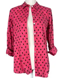 Fox Croft Diamond Wrinkle Free Fitted Button Down Shirt Blouse Pink Black Size 6
