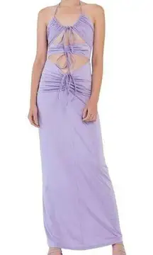 KikiRiki Ruched Front Tie Cutout Halter Maxi Dress Purple Size Small NWT