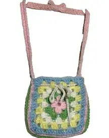 Handmade Crochet Granny Square Shoulder Bag Multicolor Floral Lined Strap Mini