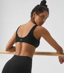 Alo Alosoft Center Stage Bra Womens XXS Black Scoop Neck Yoga Gym Workout EUCEUC
