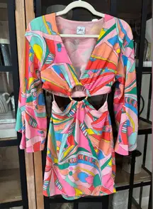 Groovy cutout mini dress long sleeve balloon o-ring bamboo go go satin go out