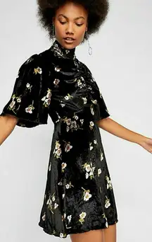 Free People Be My Baby Velvet Floral Print High Neck Mini Dress Black Size 0
