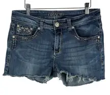 Grace in LA Denim‎ Shorts Embellished Frayed Hem Blue Size 29 Heavy Stitch Y2K