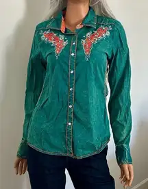 ROAR Western Embroidered Rhinestone Pearl Snap Shirt Roll Tab Sleeves Sz Medium