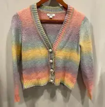 Rainbow stripe soft fuzzy wool blend chunky pearl button cardigan crop sweater