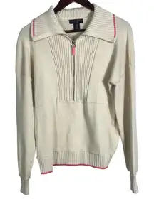 Cynthia Rowley Active‎ Women's Sweater Medium Beige Half Zip Pullover Pink Trim