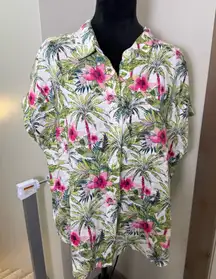 Tommy Bahama 100% Linen Button Down Floral Hawaiian Hibiscus Print Blouse Summer